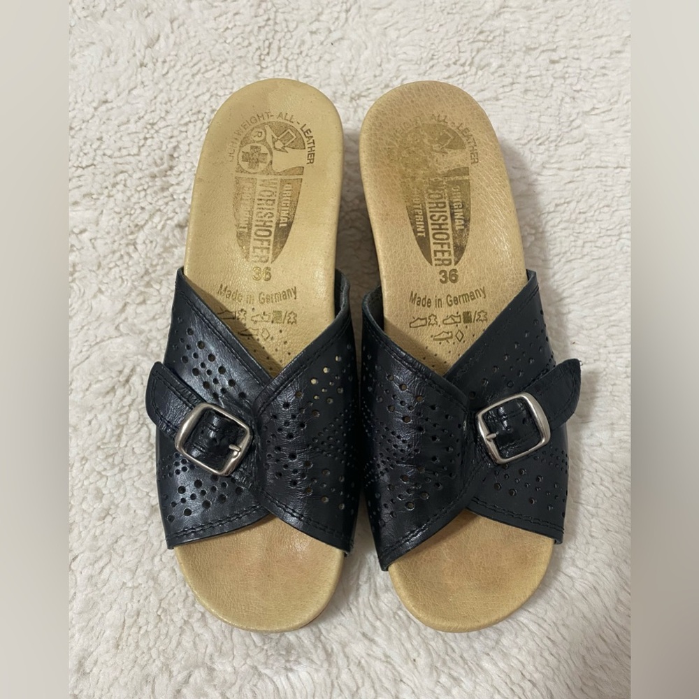 WORISHOFER Black Perforated Leather Slide Sandals with Buckle